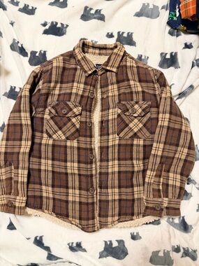 Boys 6/7 S Faded Glory Sherpa-Lined Brown Plaid Trim Jacket